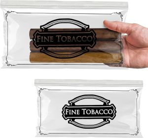 Pack of 100 Slide Seal Closure Cigar Bags 10 x 5. Printed "Fine"