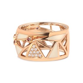 14K Rose Gold 1/3 Diamond Cigar Band Ring w/ White Enamel